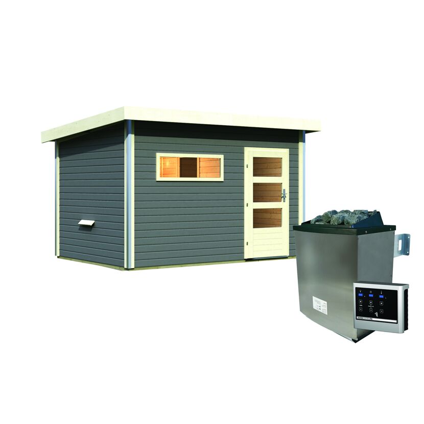 Graue Sauna aus Holz mit Saunaofen und Steuerung