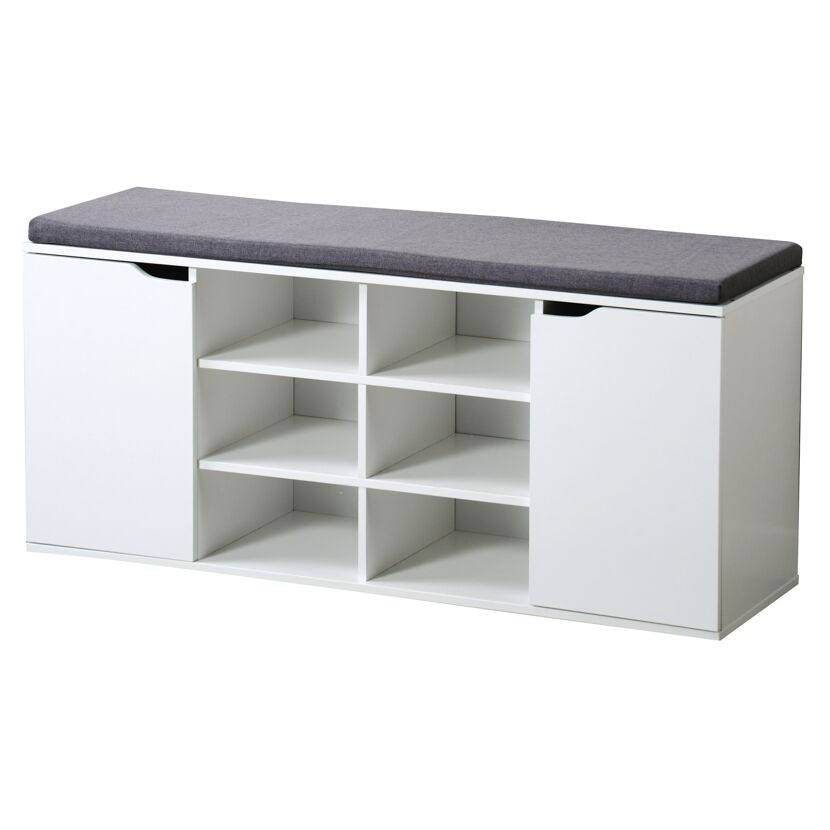 Weißer Schuhschrank mit grauem Sitzkissen.