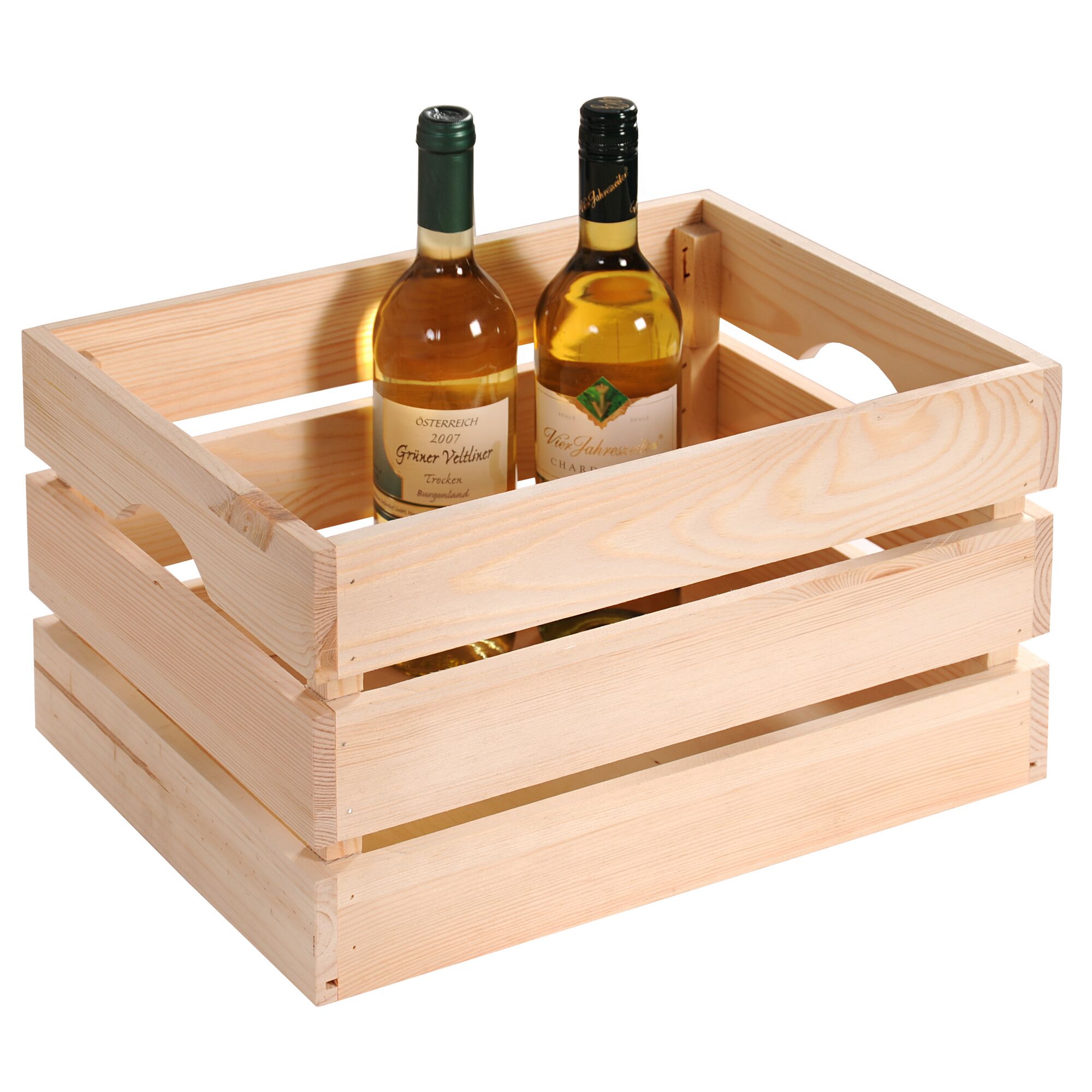 Holzkiste mit zwei Weinflaschen