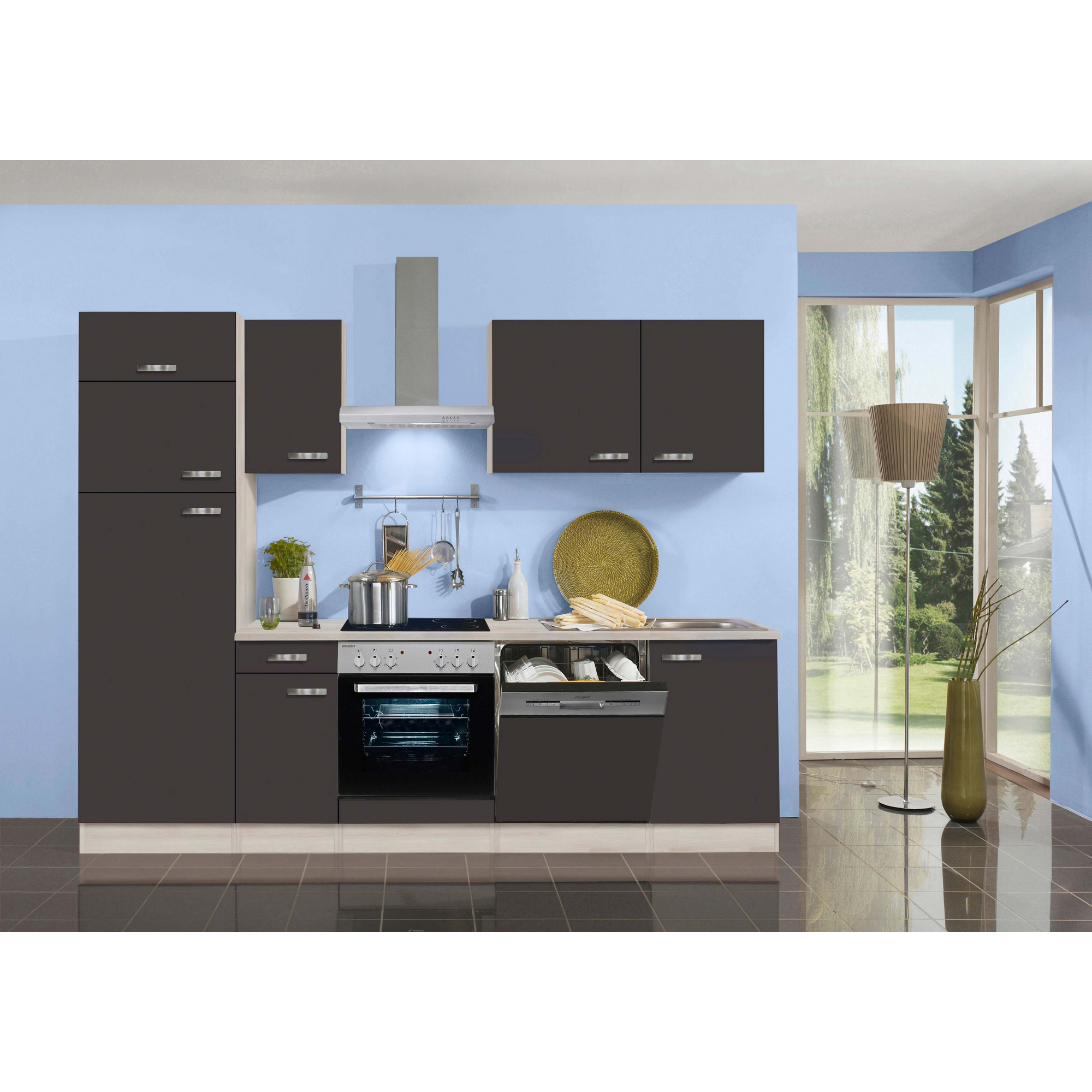 Küchenzeile mit E-Geräten \'OPTIkompakt Faro\' anthrazit/akaziefarben cm 270