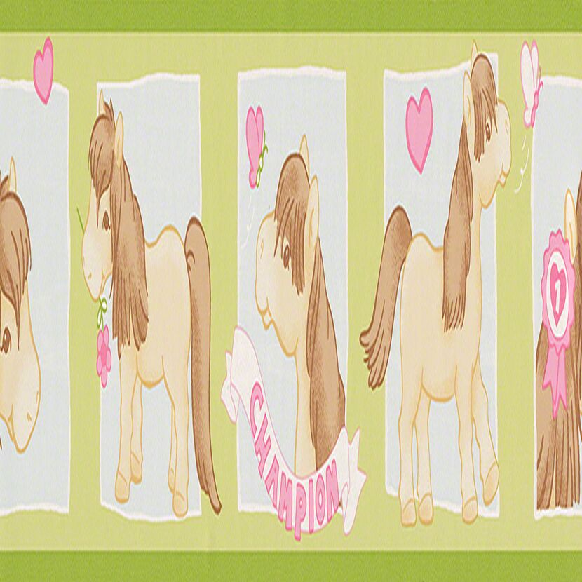 Vier süße Ponys mit rosa Schleifen und Herzen.
