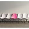 Reihe weißer Stühle mit einem pinken Stuhl in der Mitte.