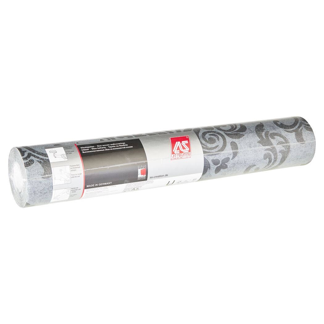 Graue Vliestapete Memory Ornament auf Rolle