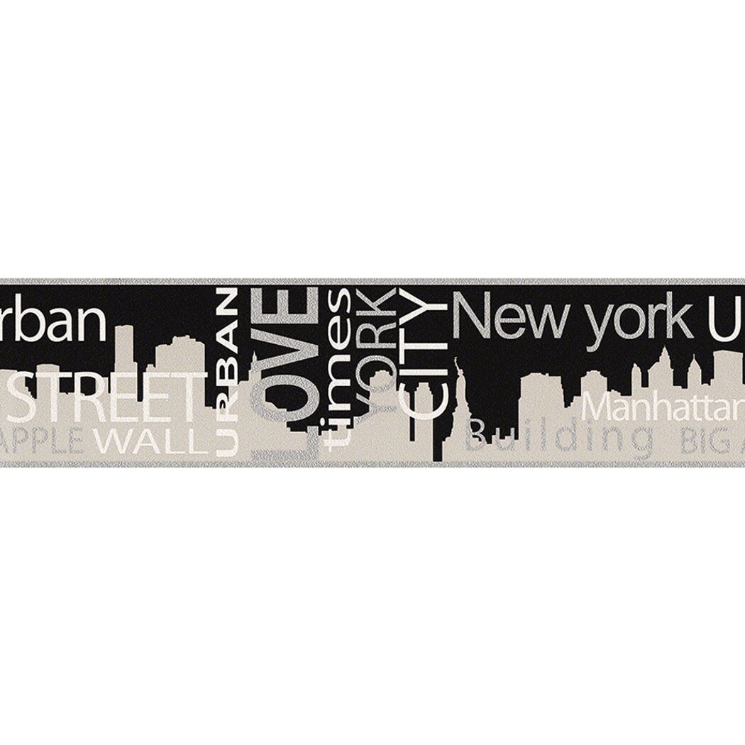 Schwarze Bordüre mit New Yorker Skyline und Schriftzügen