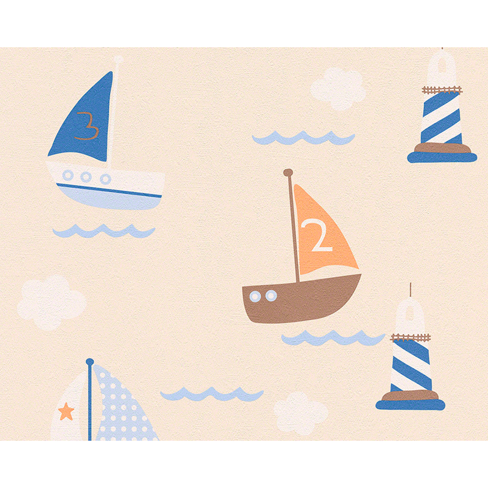 Papiertapete 'Boys & Girls 4' Boote beige/blau/braun 0,53 x 10,05 m + product picture