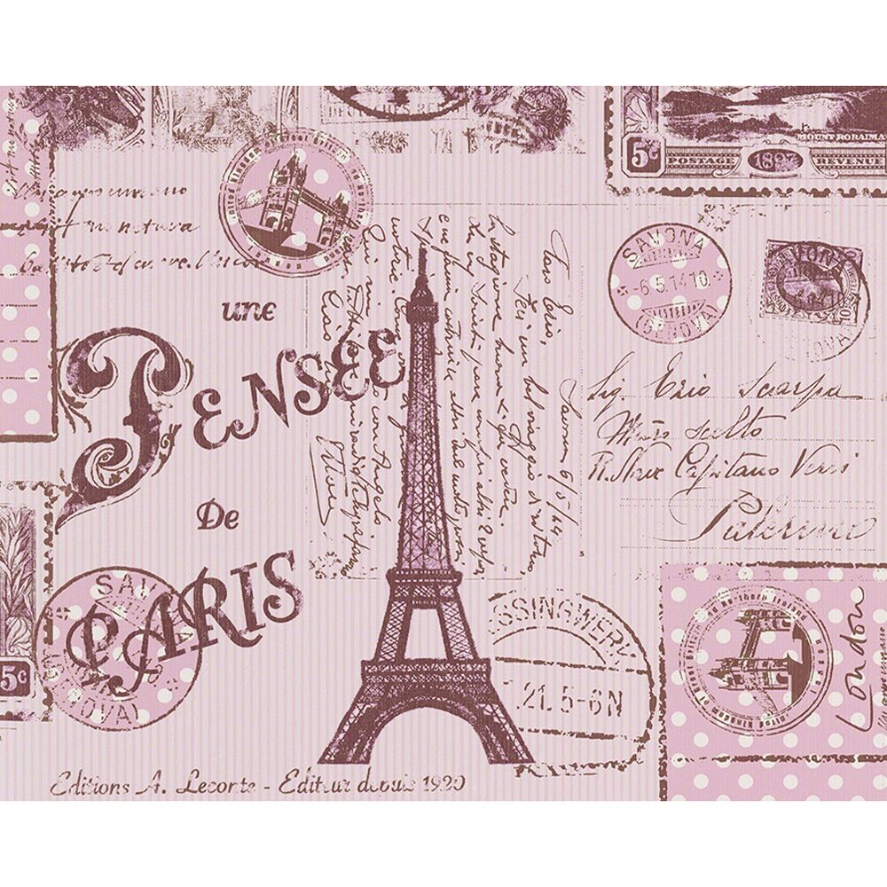 Rosa Tapete mit Eiffelturm und Briefmarkenmuster.