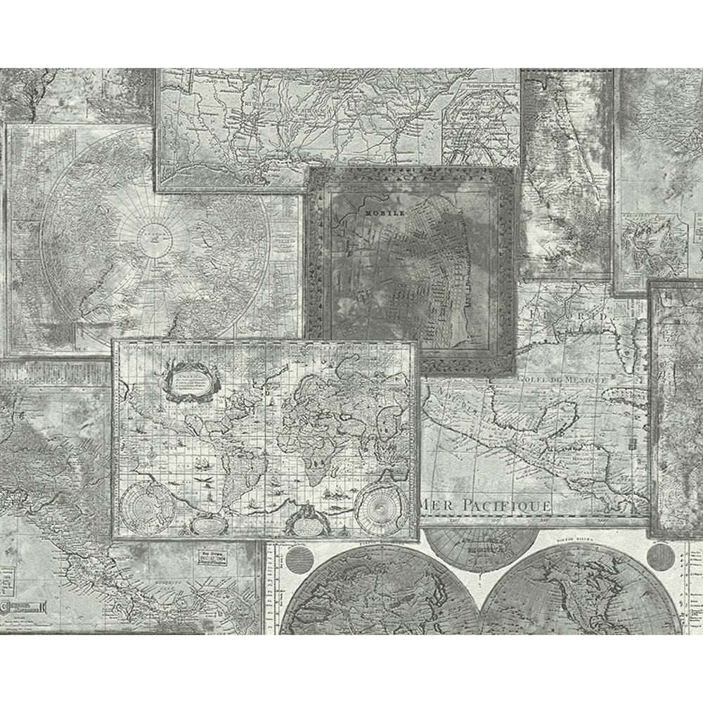 Papiertapete "Dekora Natur 4" Landkarten grau/schwarz/weiß 10,05 x 0,53 m + product picture