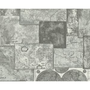 Papiertapete "Dekora Natur 4" Landkarten grau/schwarz/weiß 10,05 x 0,53 m