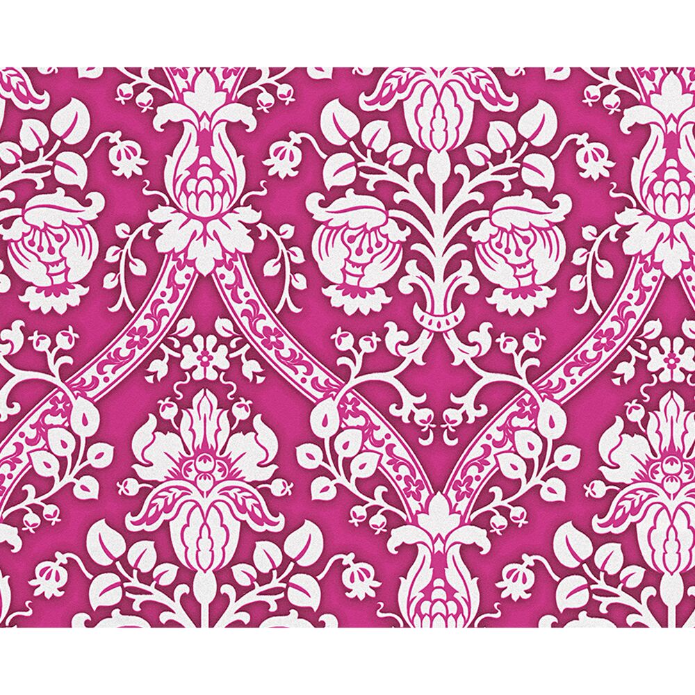 Magentafarbene Tapete mit weißem Ornamentmuster