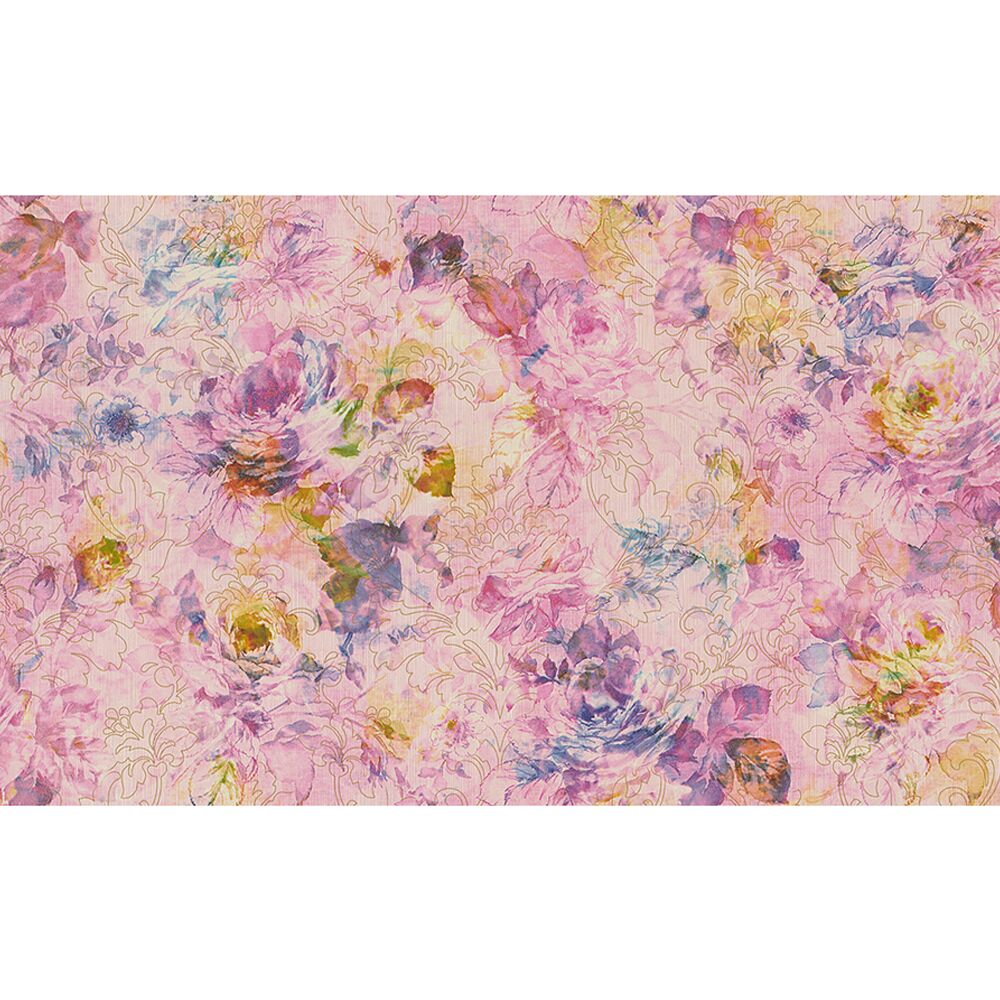 Buntes Blumenmuster auf rosa Hintergrund.