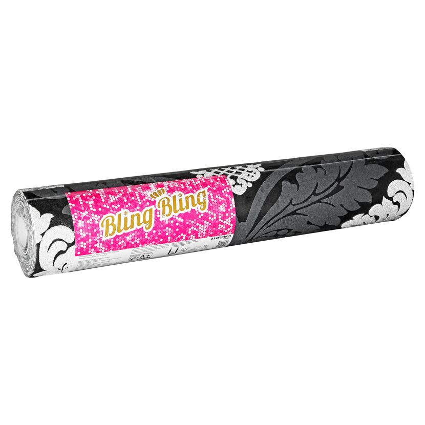 Schwarze Vliestapete Bling Bling mit silbernen Ornamenten auf Rolle
