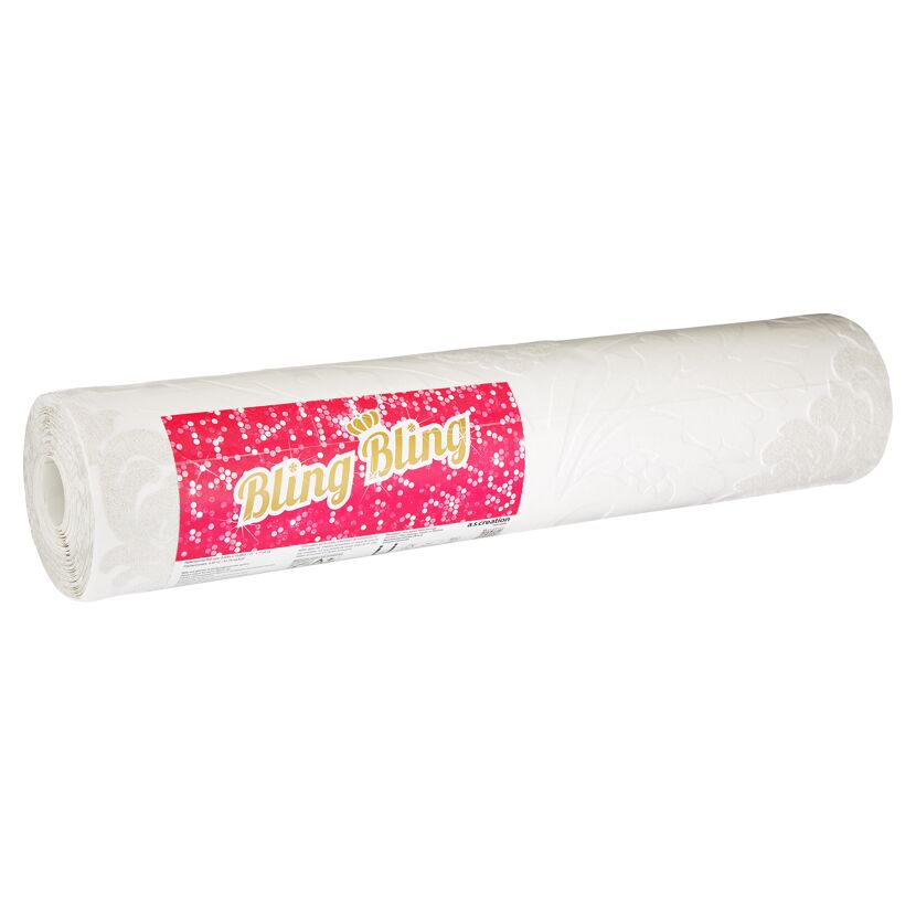 Weiße Vliestapete "Bling Bling" auf einer Rolle.