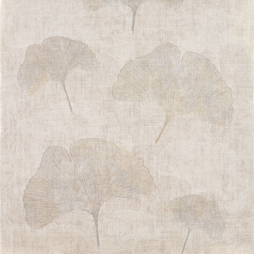 Beige Vliestapete Borneo mit silbernen Ginkgoblättern