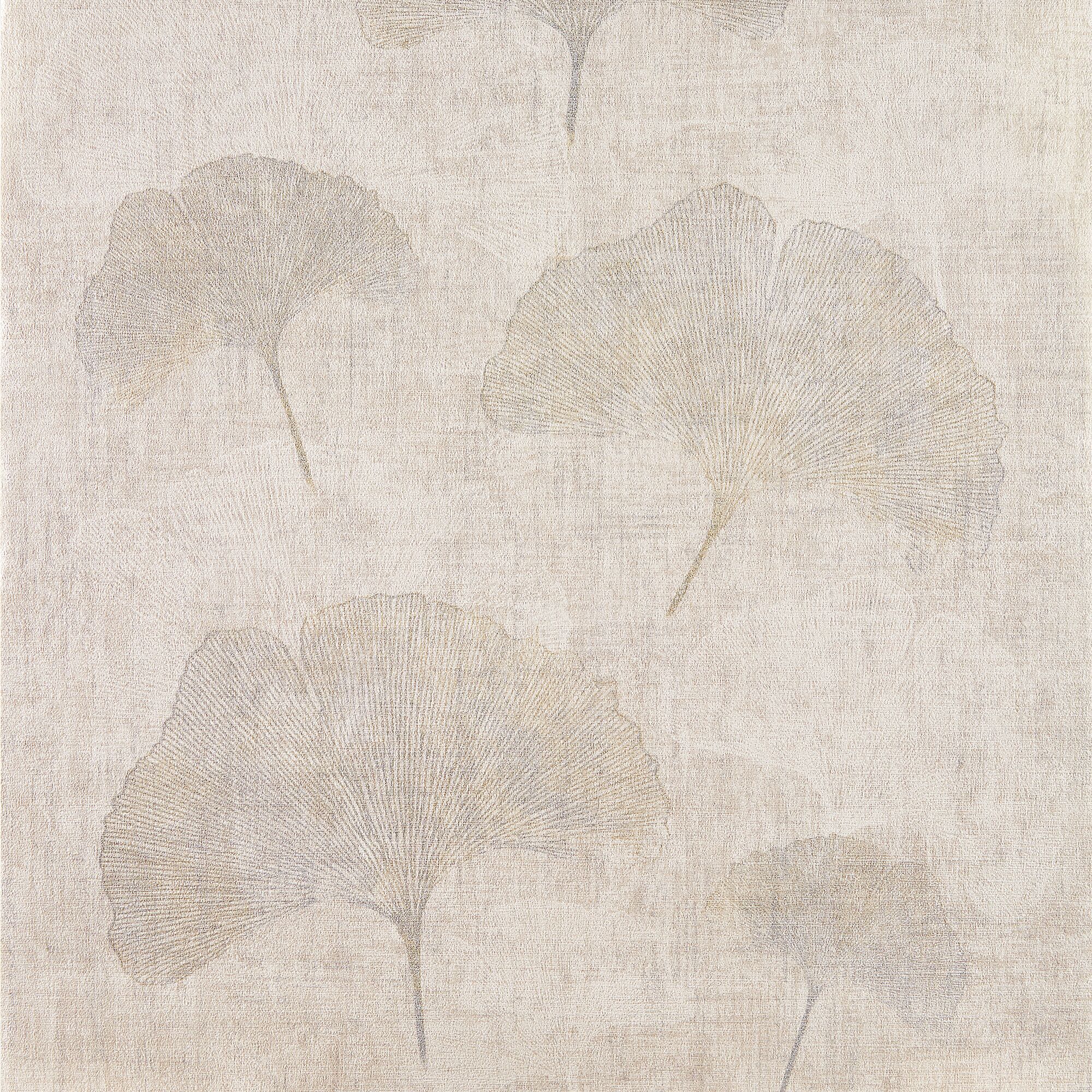 Beige Vliestapete Borneo mit silbernen Ginkgoblättern
