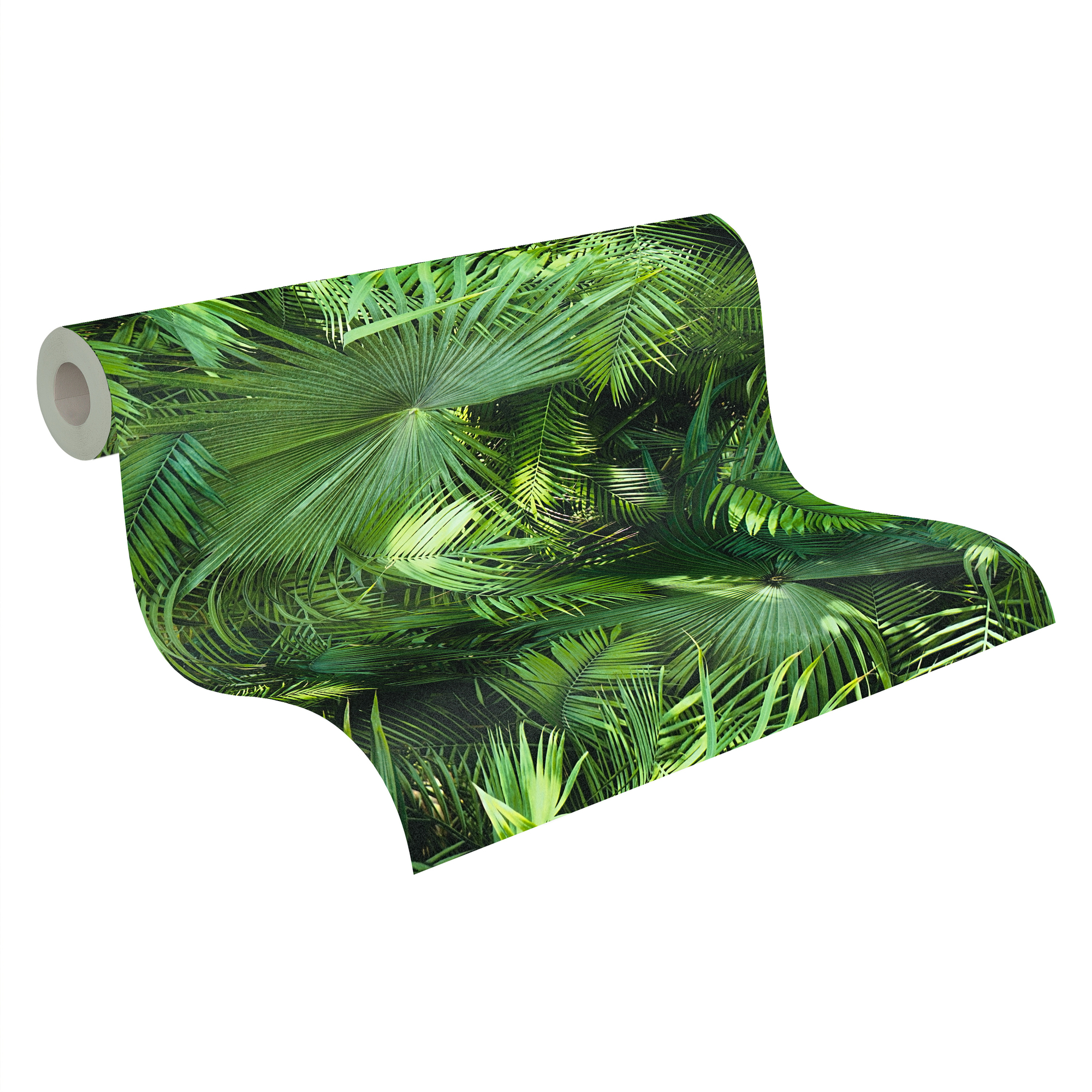 Grüne Palmentapete auf einer Rolle.