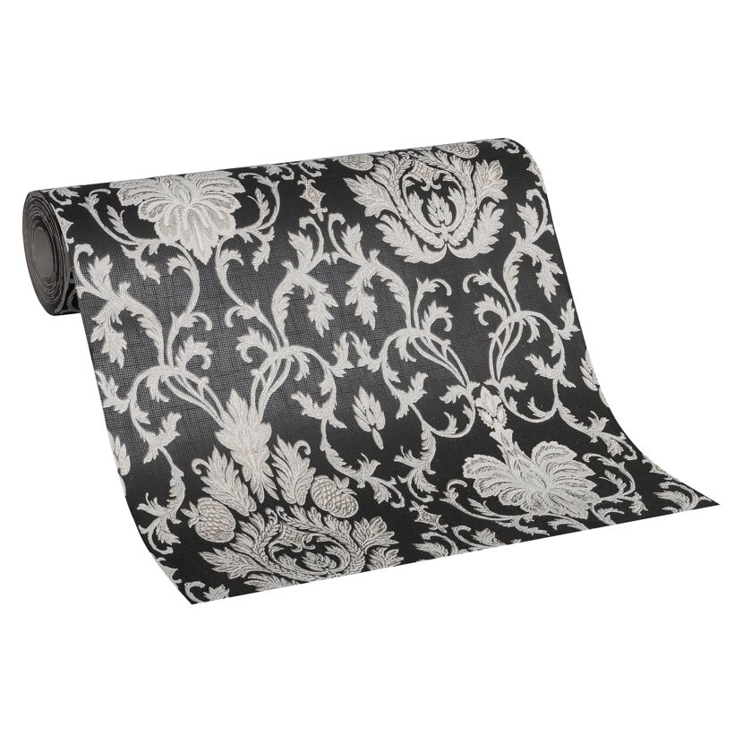 Rolle schwarze Tapete mit silber-grauem Ornamentmuster