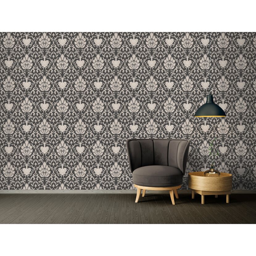 Schwarze Tapete mit hellem Ornament