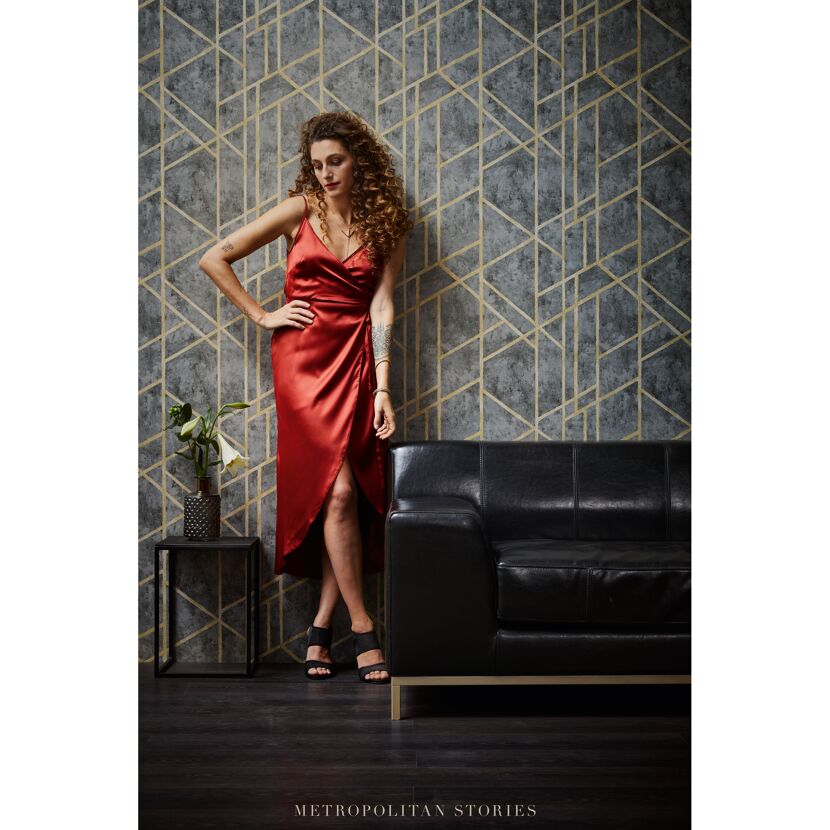 Vliestapete Metropolitan Stories 'Francesca' Milano, Geometrie graugrün-gold 0,53 x 10,05 m