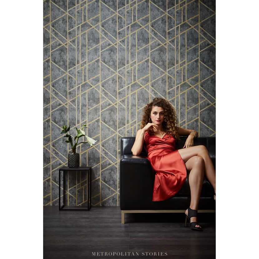 Vliestapete Metropolitan Stories 'Francesca' Milano, Geometrie graugrün-gold 0,53 x 10,05 m
