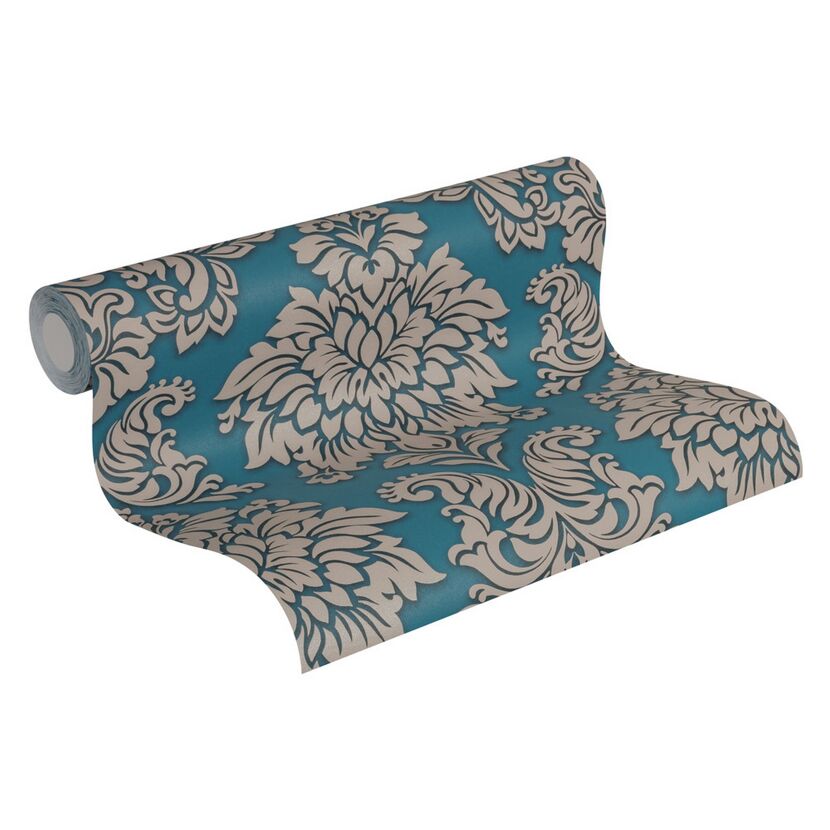 Vliestapete Metropolitan Stories 'Lizzy' London, Damask topasblau-taupe 0,53 x 10,05 m
