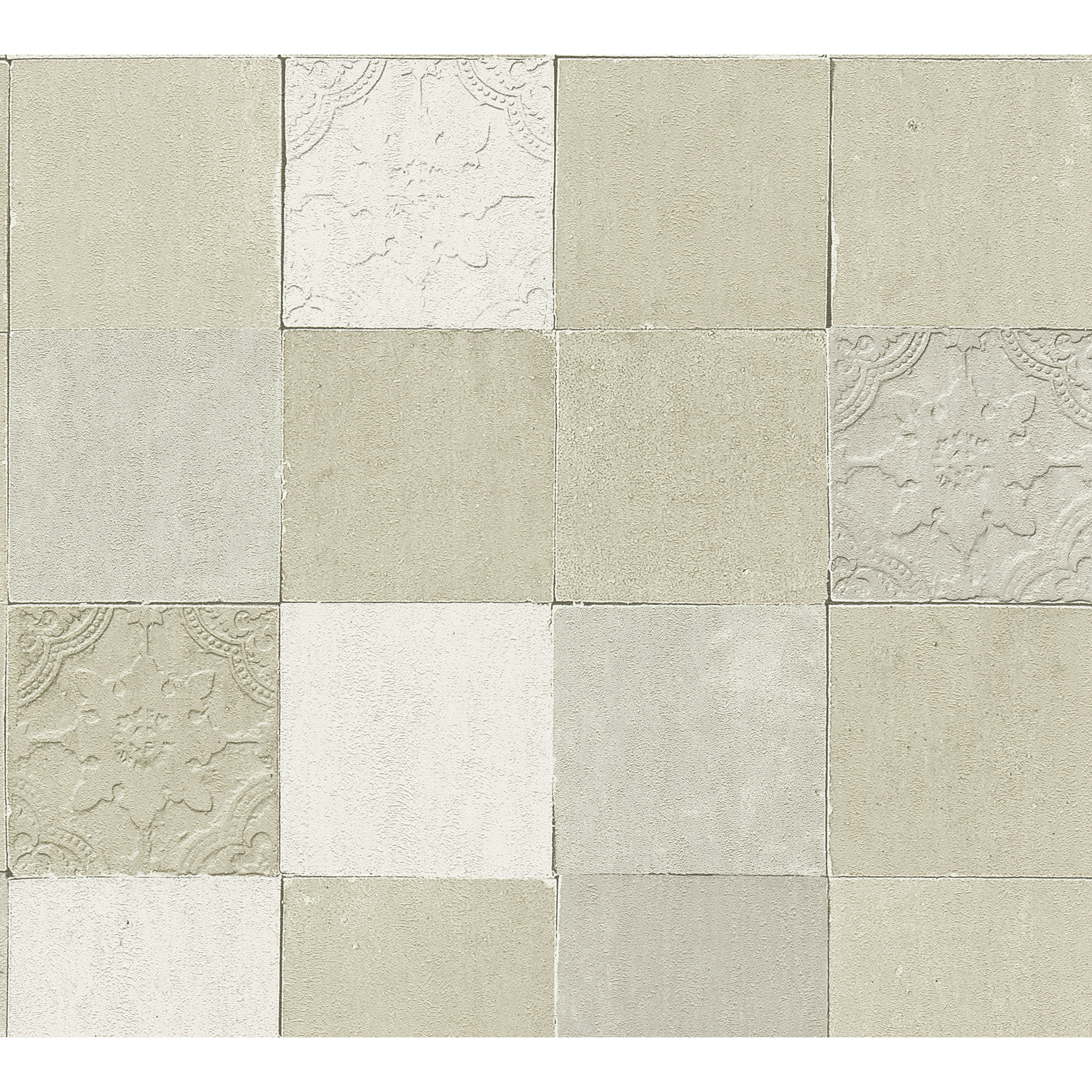 Beige-weiße Fliesen in regelmäßigem Muster.