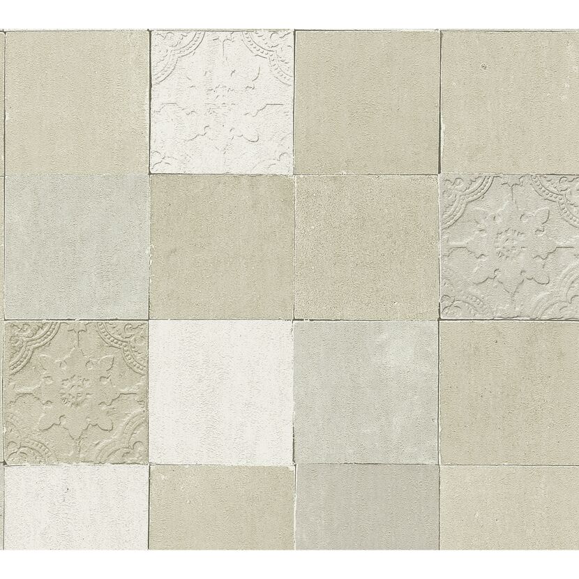 Beige-weiße Fliesen in regelmäßigem Muster.