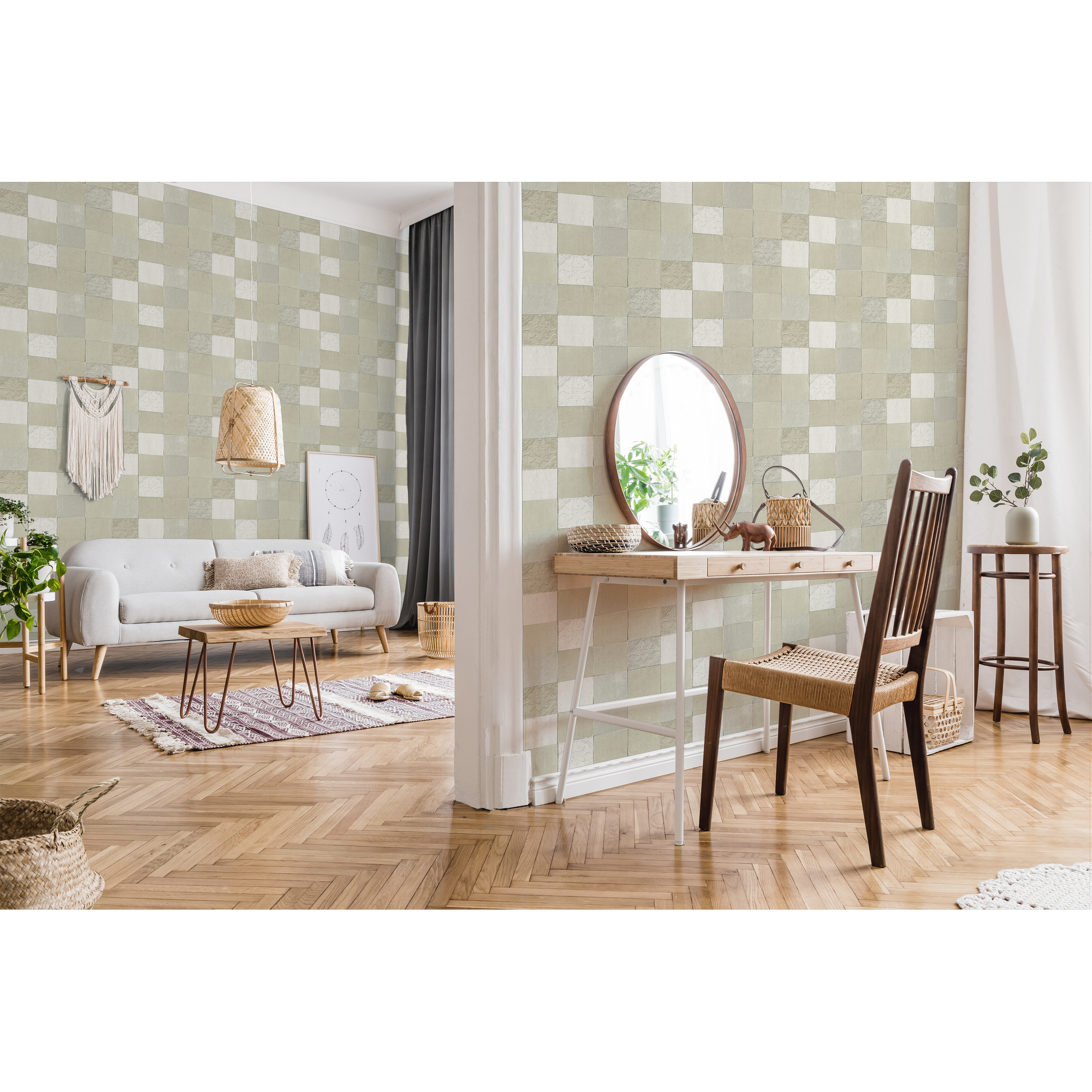 Wohnzimmer und Schminktisch mit beiger Fliesentapete