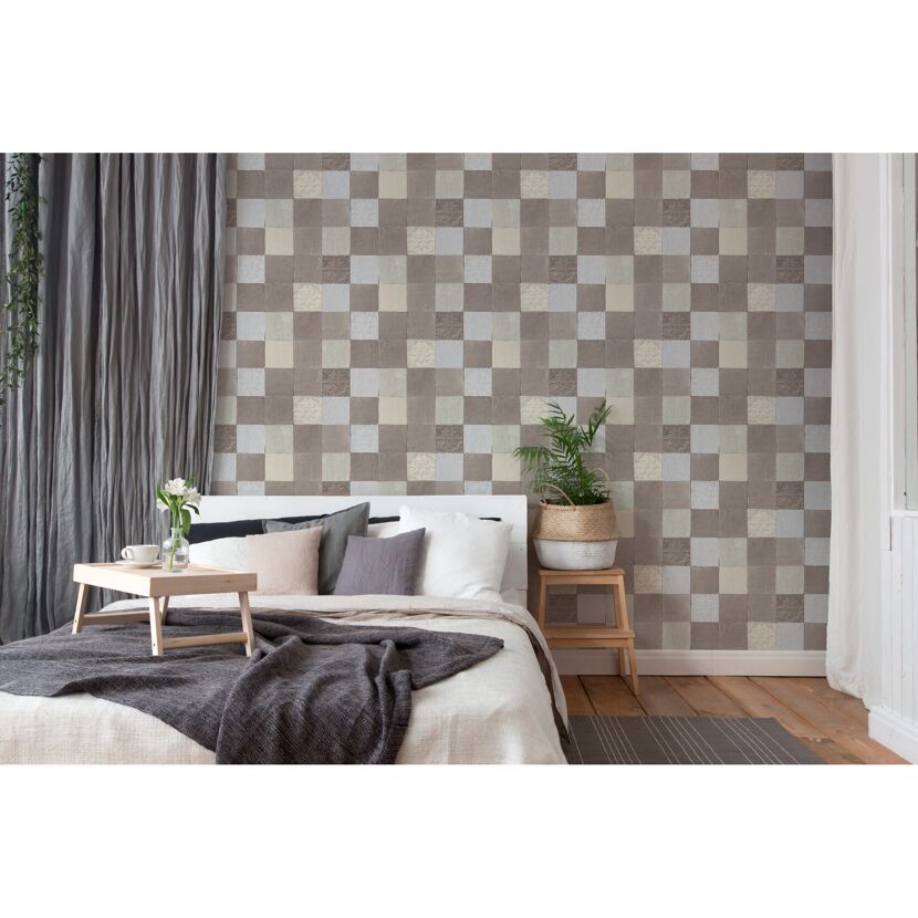 Schlafzimmer mit Vliestapete New Walls Fliese Silber