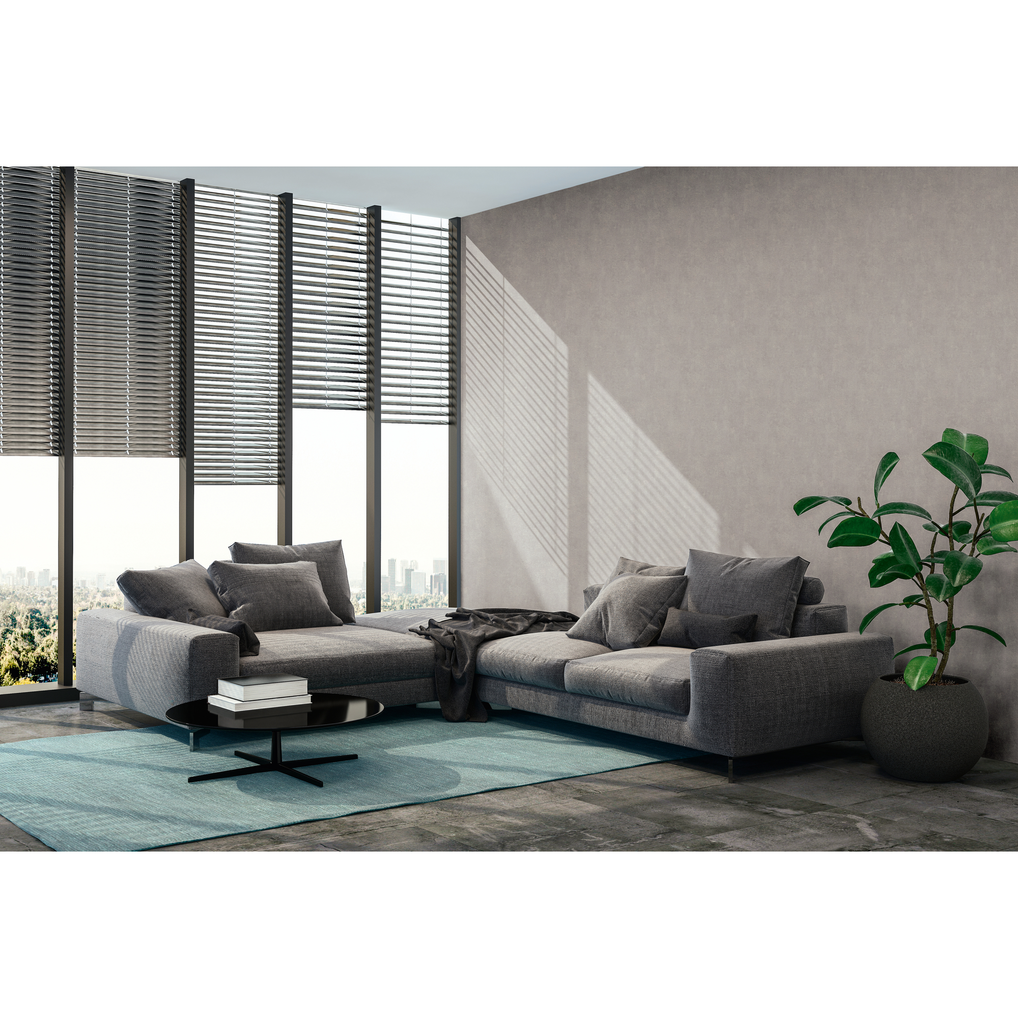 Wohnzimmer mit grauer Couch, Couchtisch und Pflanze