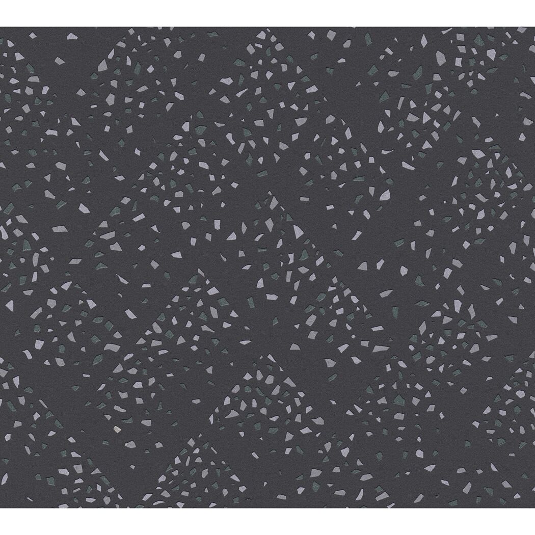 Schwarze Vliestapete mit silbergrauen und grünen Sprenkeln