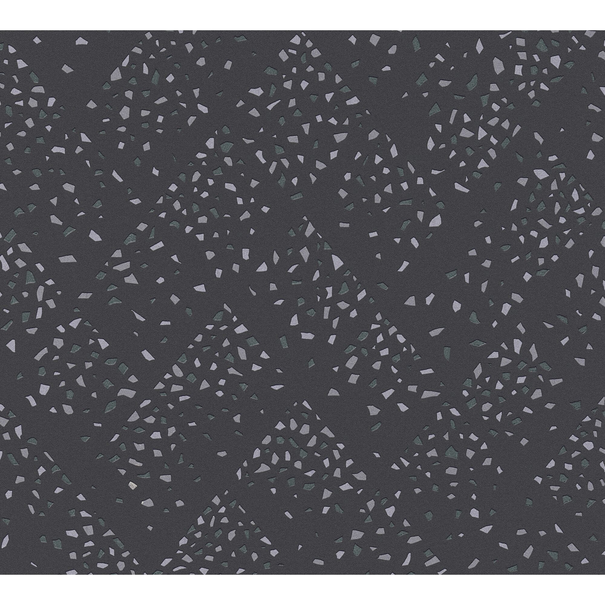 Schwarze Vliestapete mit silbergrauen und grünen Sprenkeln