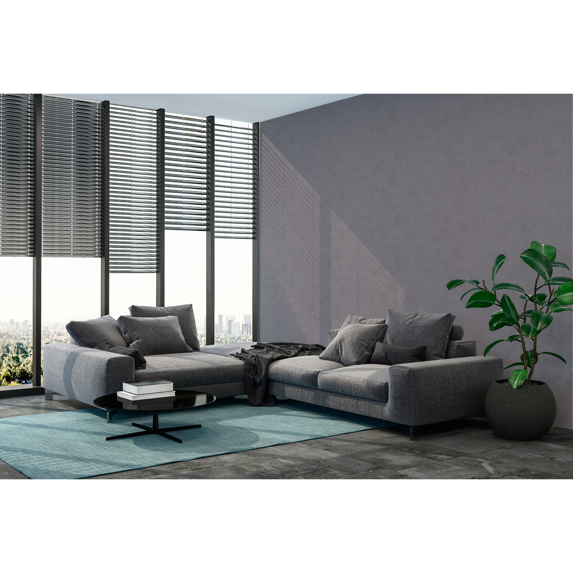 Modernes Wohnzimmer mit grauer Couch, Beistelltisch und Pflanze