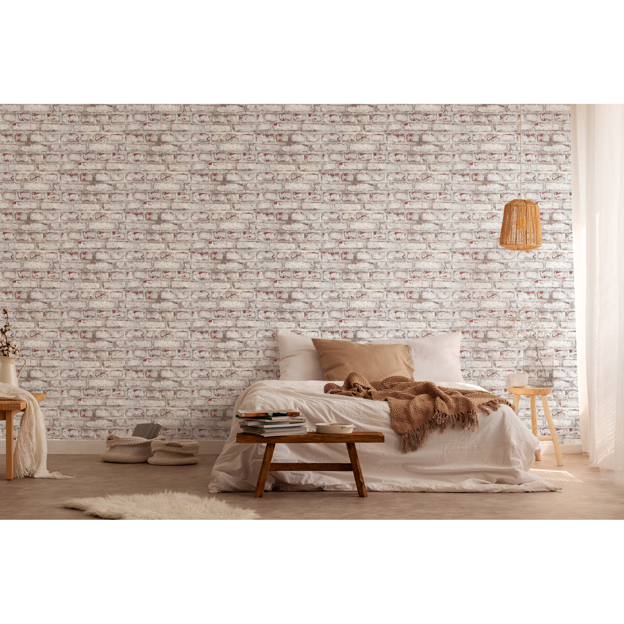 Schlafzimmer mit weißer Ziegeltapete