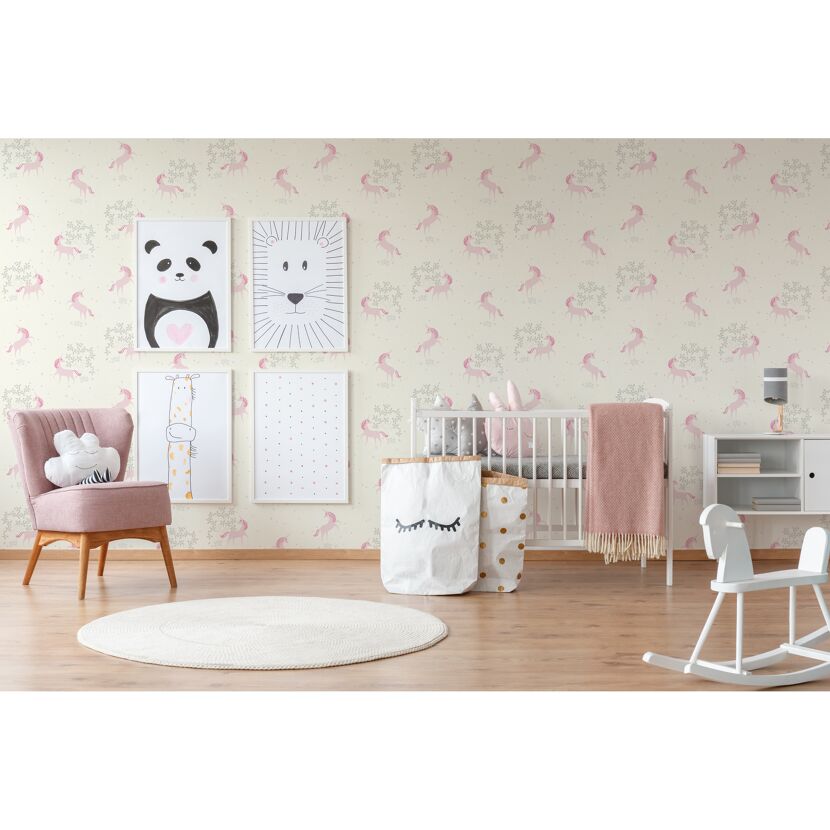 Kinderzimmer mit rosa Einhorn-Tapete