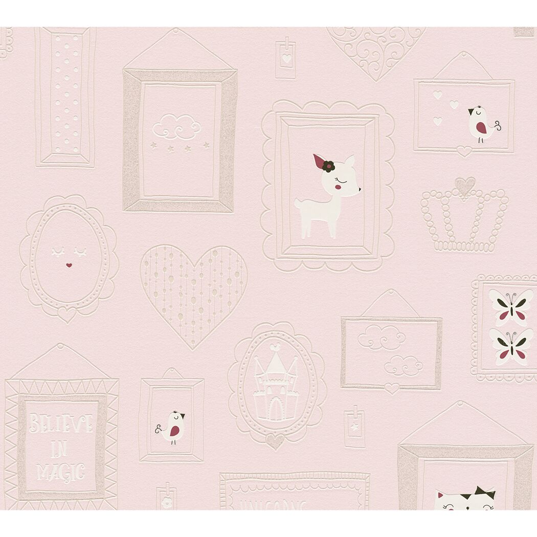 Rosa Kindertapete mit Bilderrahmen-Motiven