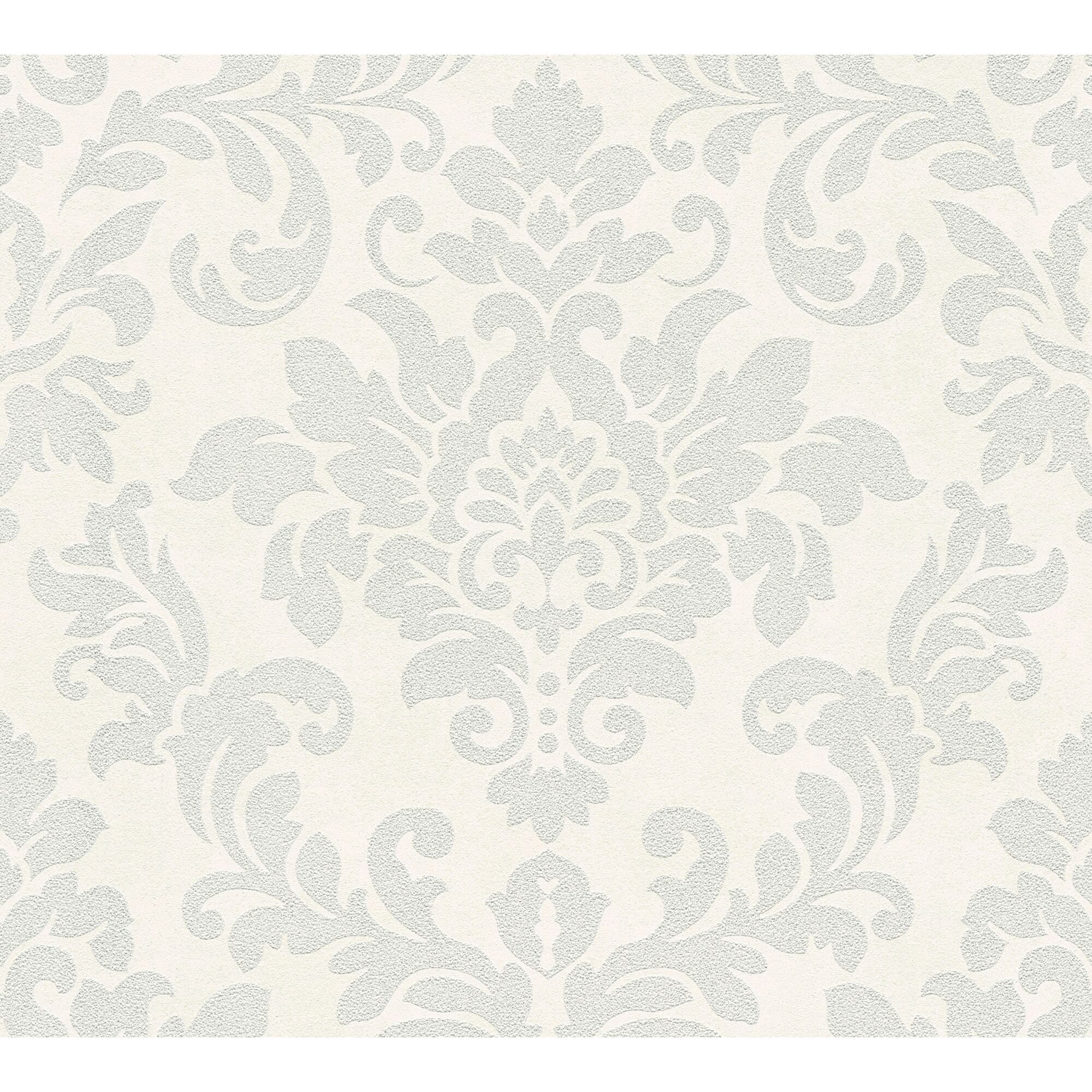 Tapete mit grauem Damastmuster auf weißem Hintergrund