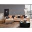 Beiges Ledersofa mit Kissen und schwarzem Hocker