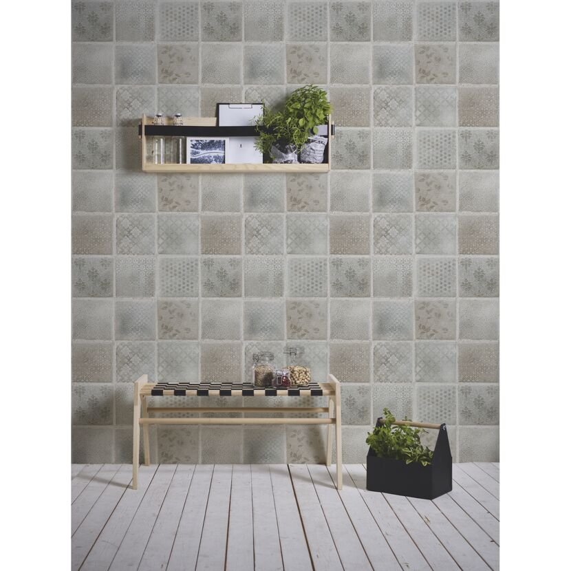 Vliestapete "Bude" Fliese grau-beige