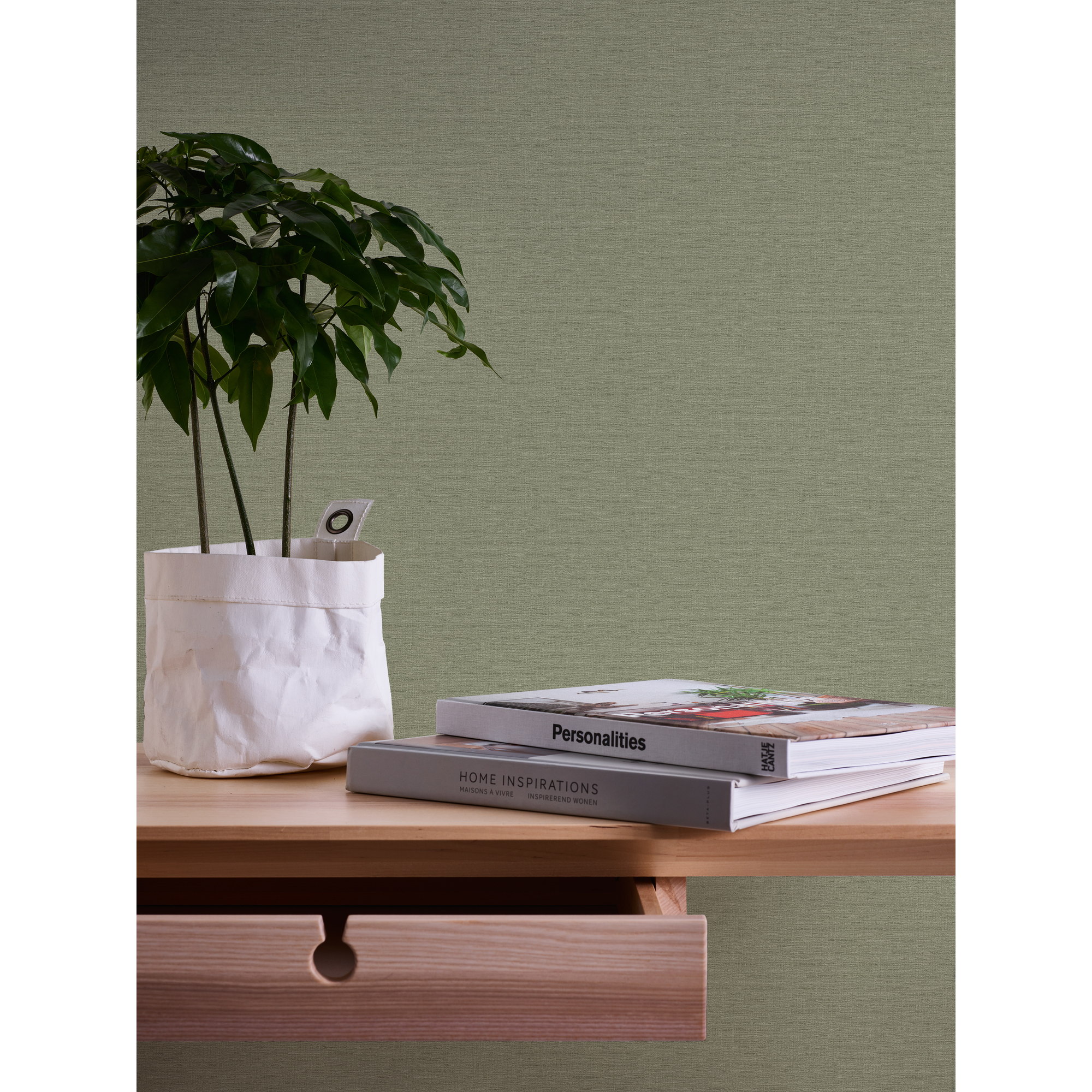 Holztisch mit Pflanze und Büchern vor grün-beiger Wand