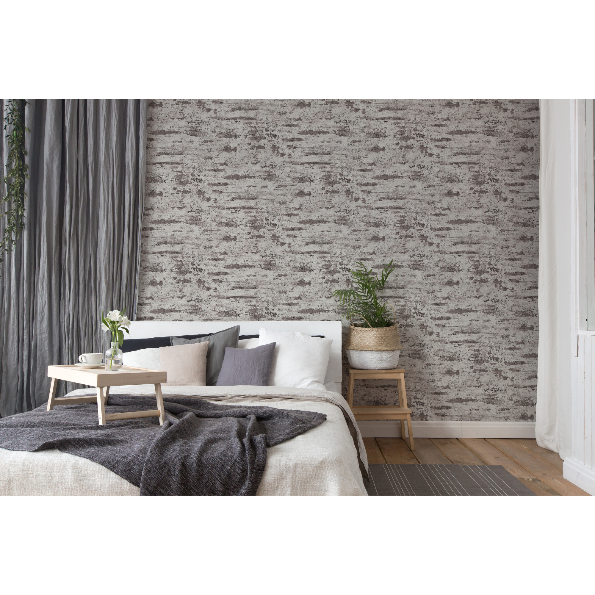 Schlafzimmer mit grauer Vliestapete Bude II Stein