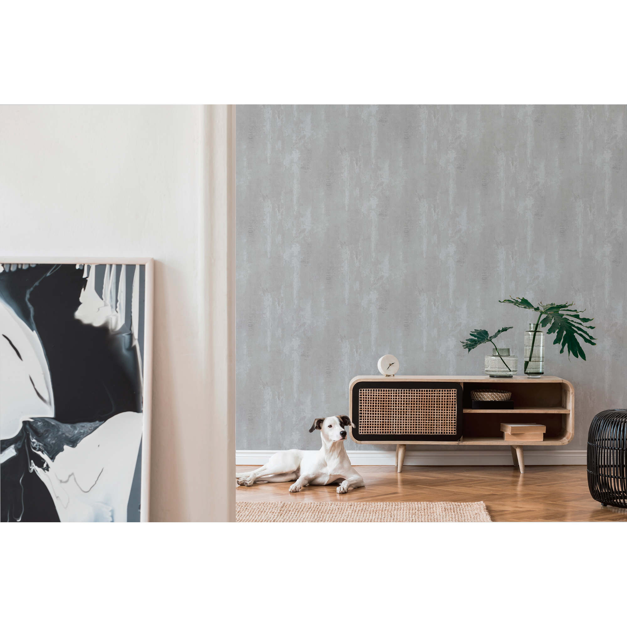 Wohnzimmer mit grauer Betonoptik-Tapete