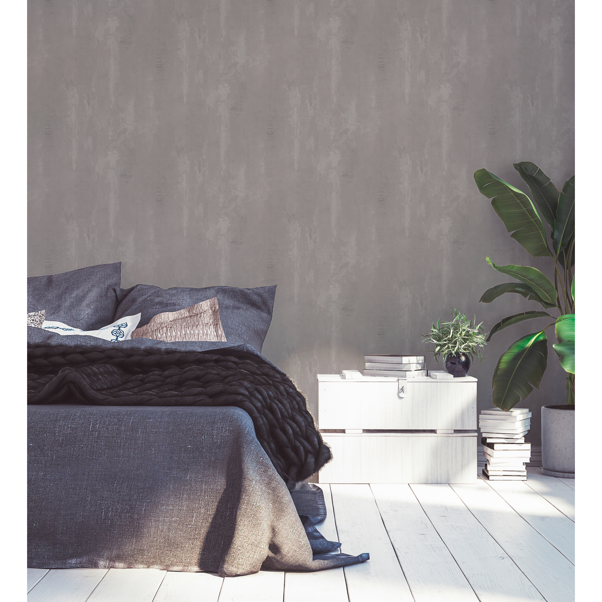 Schlafzimmer mit grauer Betonoptik-Tapete