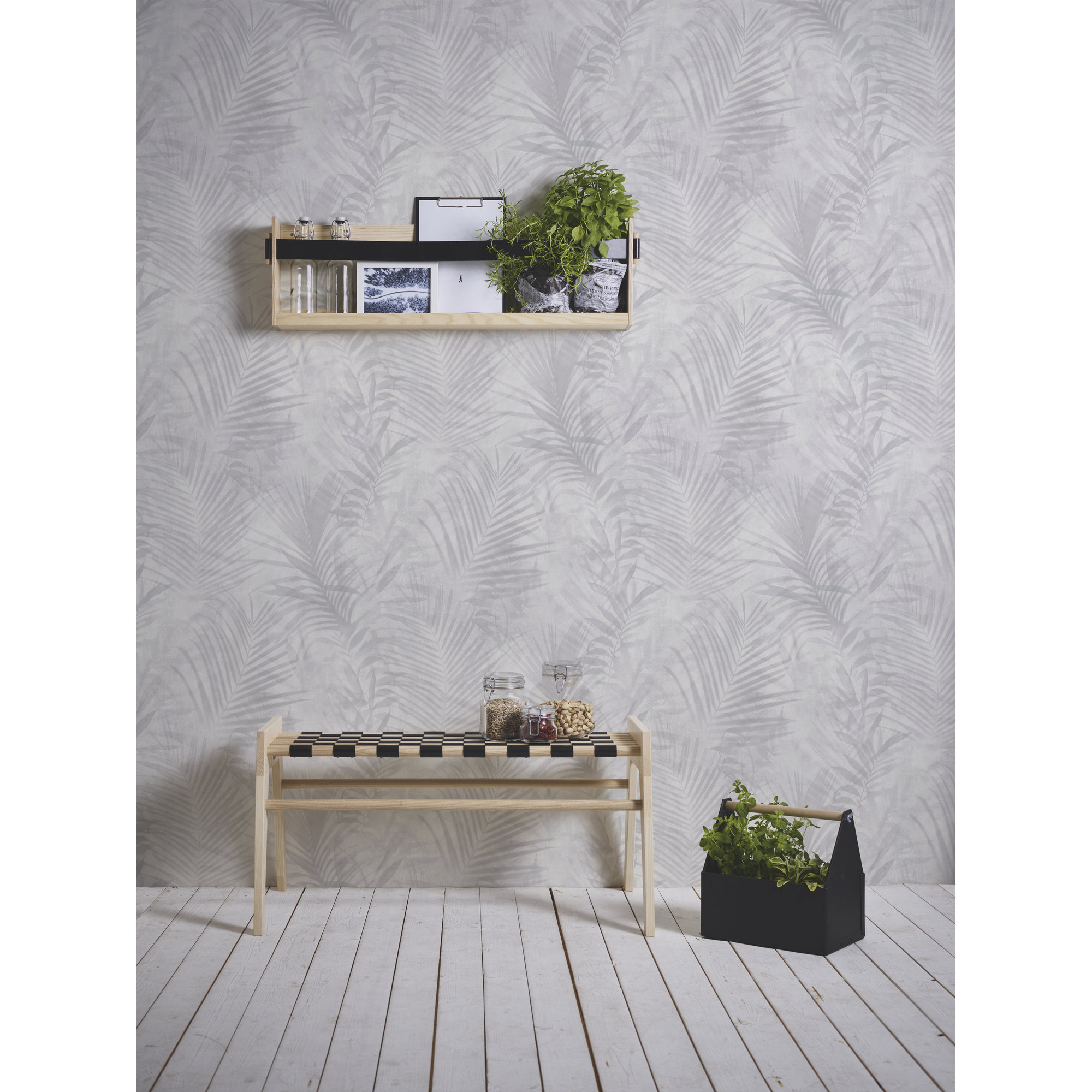 Vliestapete Bude II Blätter grau