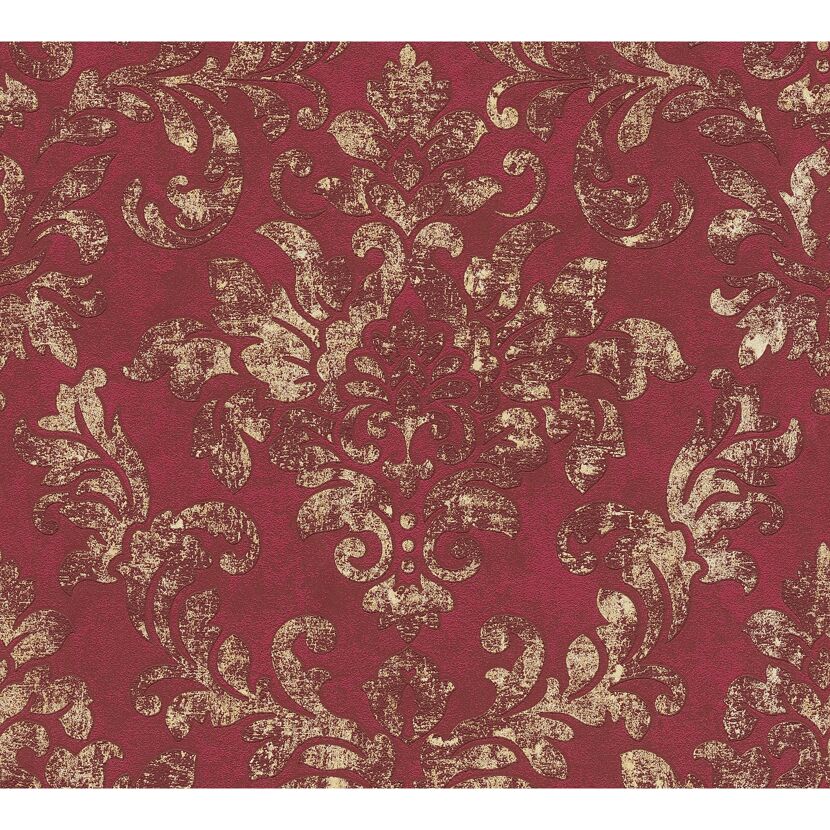 Rote Vliestapete Bude II mit goldenen Ornamenten
