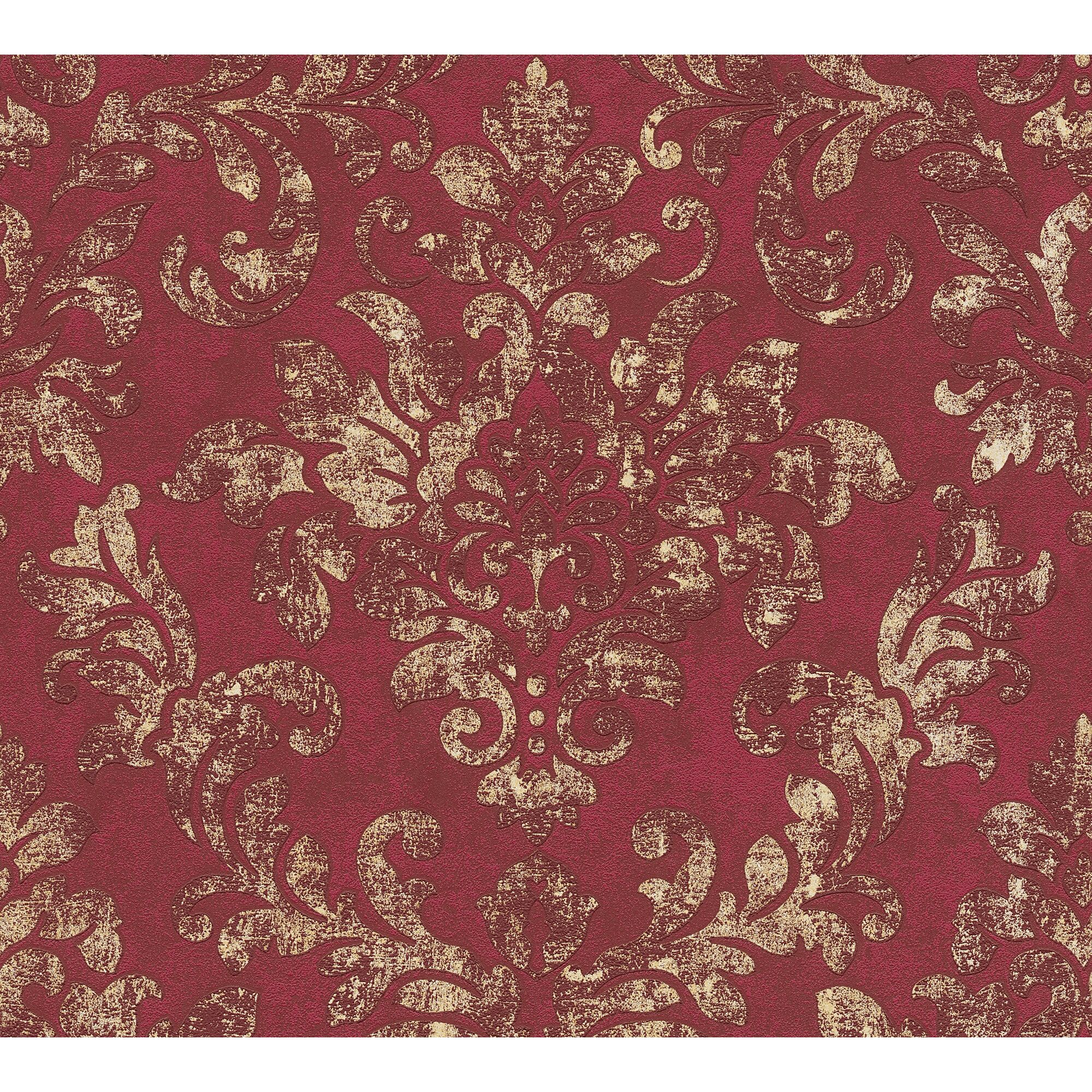 Rote Vliestapete Bude II mit goldenen Ornamenten