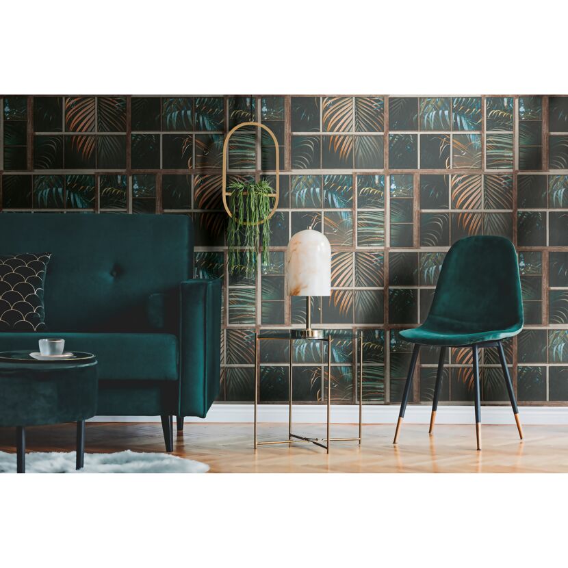 Wohnzimmer mit Tapete Industrialfarn Grün