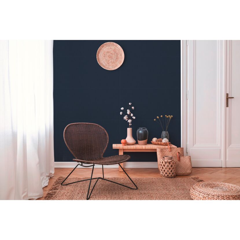 Wohnzimmer mit dunkelblauer Wand und Korbmöbeln.