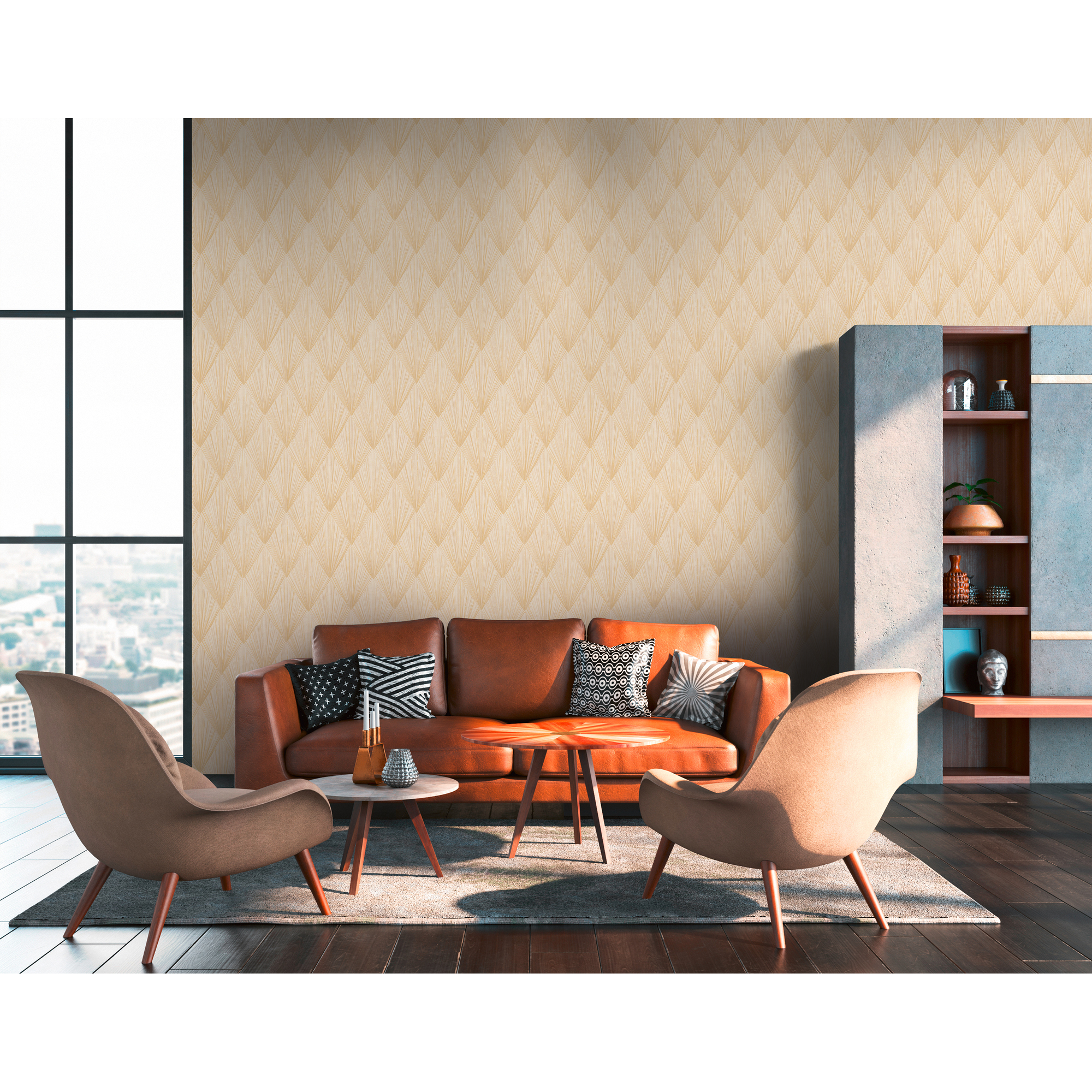 Wohnzimmer mit goldener Art Deco Tapete
