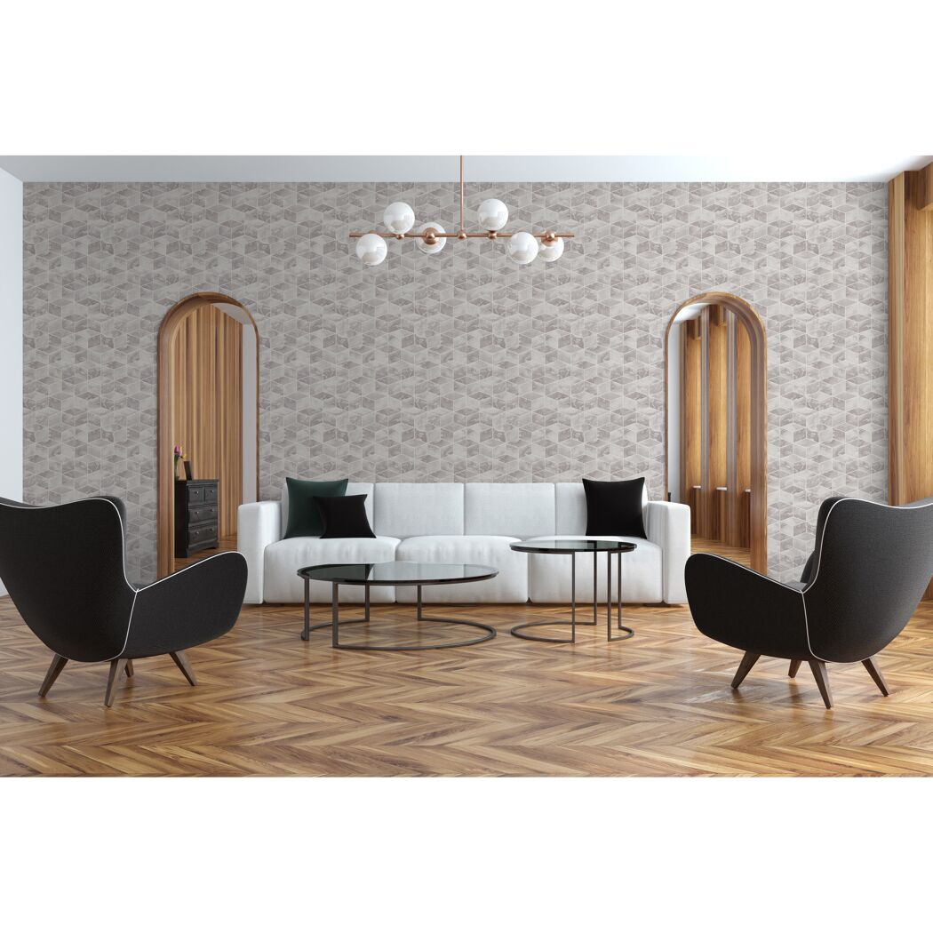 Wohnzimmer mit Vliestapete Mesto 2 in Marmor Silber