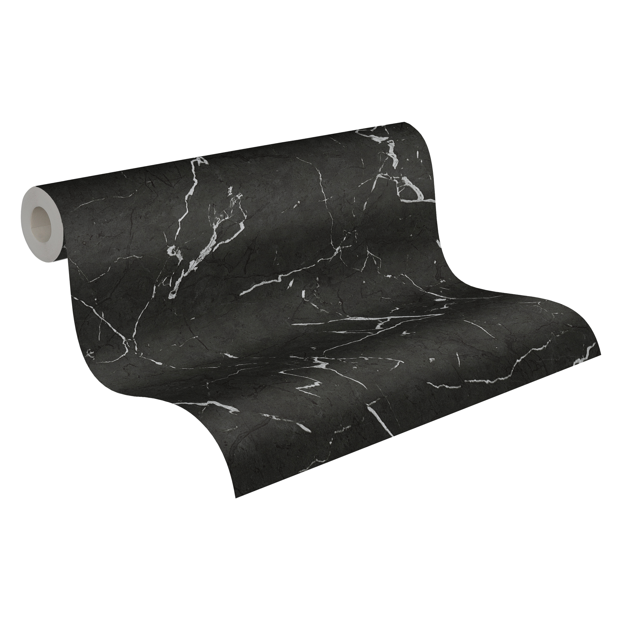 Schwarze Vliestapete "Mesto 2" mit Marmor-Optik aufgerollt.